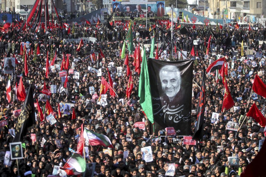 Mourners attend a funeral ceremony for Iranian Gen. Qassem Soleimani and his comrades, who were killed in Iraq in a U.S. drone strike on Friday, in the city of Kerman, Iran, Tuesday, Jan. 7, 2020. The leader of Iran’s Revolutionary Guard threatened on Tuesday to "set ablaze" places supported by the United States over the killing of a top Iranian general in a U.S. airstrike last week, sparking cries from the crowd of supporters of "Death to Israel!" (Erfan Kouchari/Tasnim News Agency via AP)