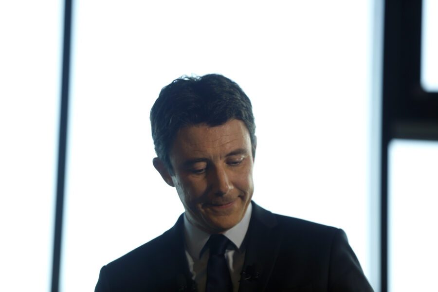 Paris mayoral candidate Benjamin Griveaux gives a press conference as part of the campaign for the upcoming mayoral elections to be held on March, 15, 2020, in Paris, Thursday, Feb. 13, 2020. (AP Photo/Thibault Camus)