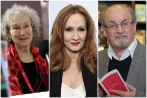 In foto da sinistra la scrittrice Margaret Atwood, la scrittrice J. K Rowling, lo scrittore Salamn Rushdie; tutti e tre firmatari della lettera contro la cosiddetta ‘cancel culture’ su Harper’s (Elaborazione da Lapresse)