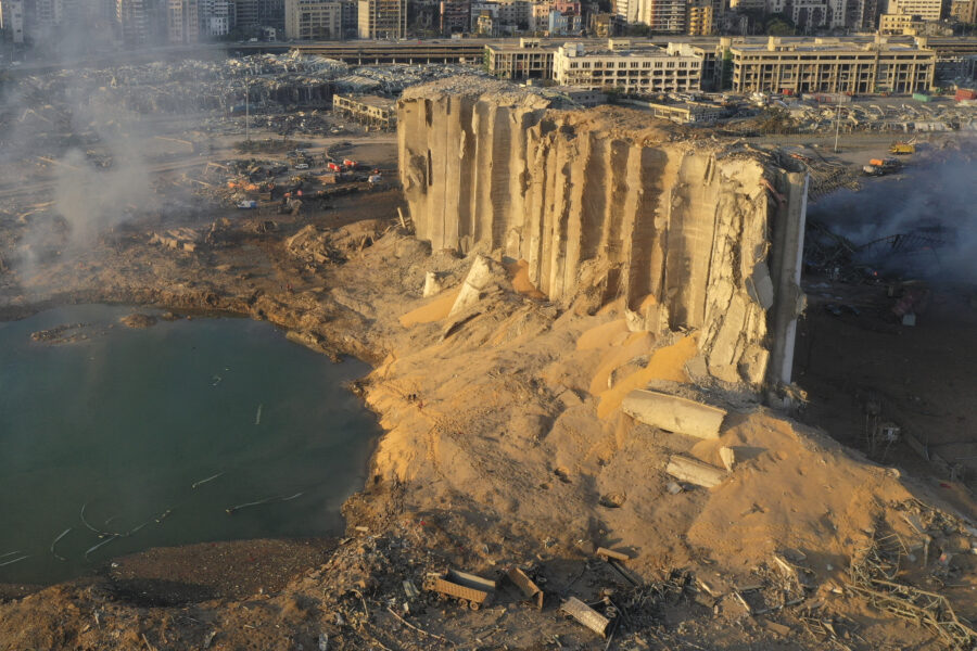 In this drone picture, the destroyed silo sits in rubble and debris after an explosion at the seaport of Beirut, Lebanon, Lebanon, Wednesday, Aug. 5, 2020. The massive explosion rocked Beirut on Tuesday, flattening much of the city’s port, damaging buildings across the capital and sending a giant mushroom cloud into the sky. (AP Photo/Hussein Malla)