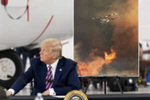 President Donald Trump participates in a briefing on wildfires at Sacramento McClellan Airport, in McClellan Park, Calif., Monday, Sept. 14, 2020. (AP Photo/Andrew Harnik)