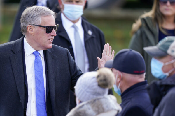 White House Chief of Staff Mark Meadows talks with supporters before President Donald Trump speaks at a campaign rally at Keith House, Washington’s Headquarters, Saturday, Oct. 31, 2020, in Newtown, Pa. (AP Photo/Chris Szagola)