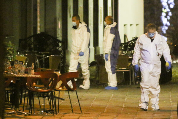 Three persons investigate at the scene following gunfire on people enjoying a last evening out before lockdown in the Austrian capital Vienna, early Tuesday, Nov. 3, 2020. Police in the Austrian capital said several shots were fired shortly after 8 p.m. local time on Monday, Nov. 2, in a lively street in the city center of Vienna. Austria’s top security official said authorities believe there were several gunmen involved and that a police operation was still ongoing. (Photo/Ronald Zak)