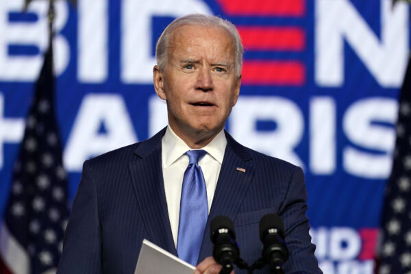 Democratic presidential candidate former Vice President Joe Biden speaks Friday, Nov. 6, 2020, in Wilmington, Del. (AP Photo/Carolyn Kaster)