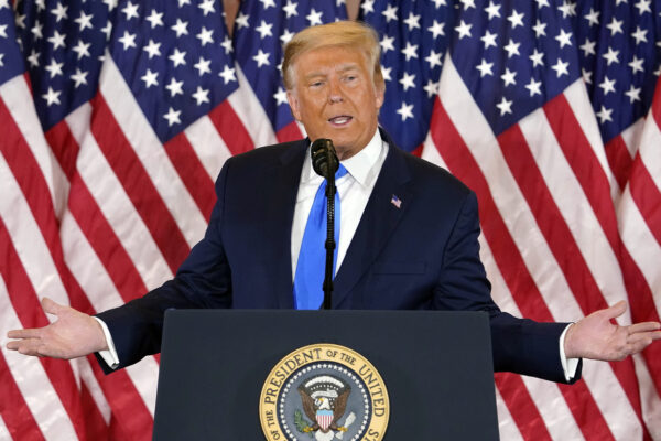 President Donald Trump speaks in the East Room of the White House, early Wednesday, Nov. 4, 2020, in Washington. (AP Photo/Evan Vucci)