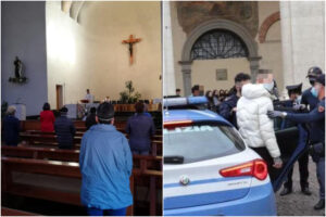 Gruppo no vax fa irruzione in chiesa durante la messa: “Toglietevi la mascherina”, poi gli scontri con la polizia