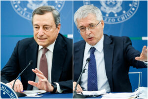 Conferenza stampa del Presidente del Consiglio Mario Draghi al termine del Consiglio dei Ministri Nella foto Mario Draghi, Daniele Franco ministro dell’economia e delle finanze