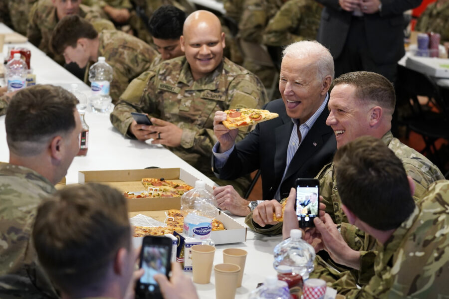 President Joe Biden visits with members of the 82nd Airborne Division at the G2A Arena, Friday, March 25, 2022, in Jasionka, Poland. (AP Photo/Evan Vucci)
President Joe Biden visits with members of the 82nd Airborne Division at the G2A Arena, Friday, March 25, 2022, in Jasionka, Poland. (AP Photo/Evan Vucci)