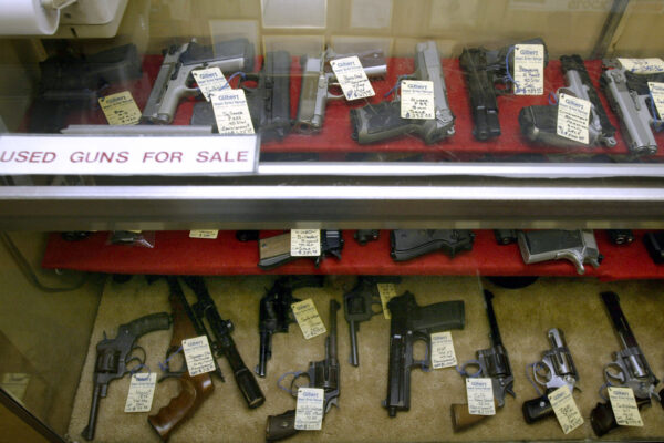 Used guns are on display at the Gilbert Small Arms Range gun store in Lorton, Virginia, in a September 10, 2004 file photo. In the aftermath of yesterday’s deadly Virginia Tech University shootings, many are raising questions about the lax gun control laws in Virginia and the United States. (UPI Photo/Yuri Gripas/Files)