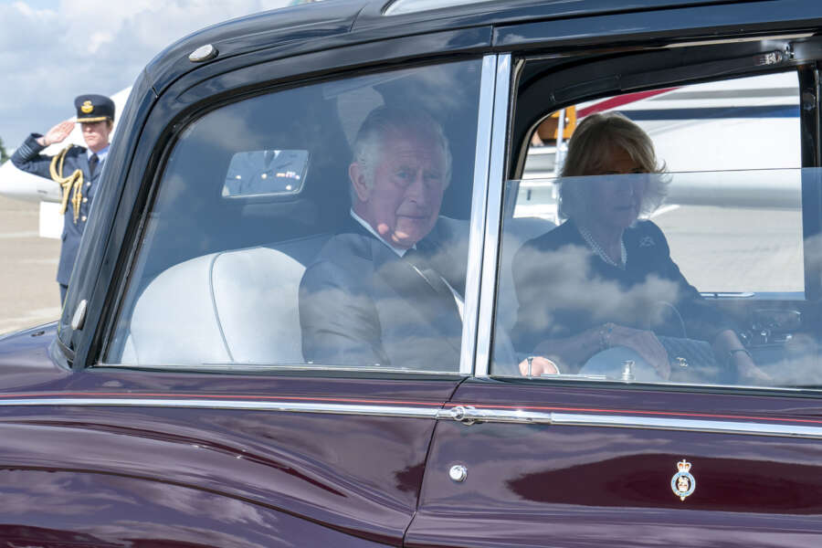 Britain’s King Charles III and Camilla, the Queen Consort arrive at RAF Northolt in London, Friday, Sept. 9, 2022. Queen Elizabeth II, Britain’s longest-reigning monarch and a rock of stability across much of a turbulent century, died Thursday Sept. 8, after 70 years on the throne. She was 96. (Arthur Edwards/Pool Photo via AP)