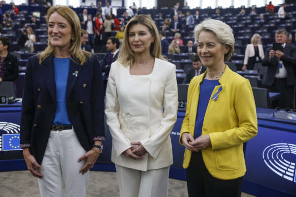 European Parliament President Roberta Metsola, left, Olena Zelenska, the first lady of Ukraine, center, and European Commission President Ursula von der Leyen pose for photographers at the European Parliament in Strasbourg, eastern France, Wednesday, Sept. 14, 2022. (AP Photo/Jean-Francois Badias)