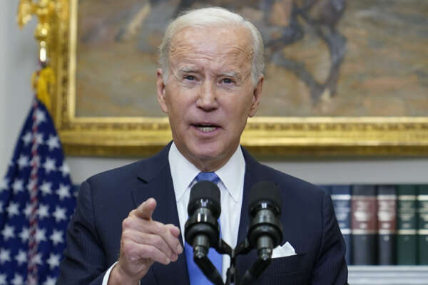 FILE – President Joe Biden speaks about the ongoing federal response efforts for Hurricane Ian from the Roosevelt Room at the White House in Washington on Sept. 30, 2022. (AP Photo/Susan Walsh, File)