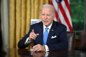 US President Joe Biden addresses the nation on averting default and the Bipartisan Budget Agreement, in the Oval Office of the White House in Washington, DC, June 2, 2023. (Photo by JIM WATSON / POOL / AFP) (Photo by JIM WATSON/POOL/AFP via Getty Images)