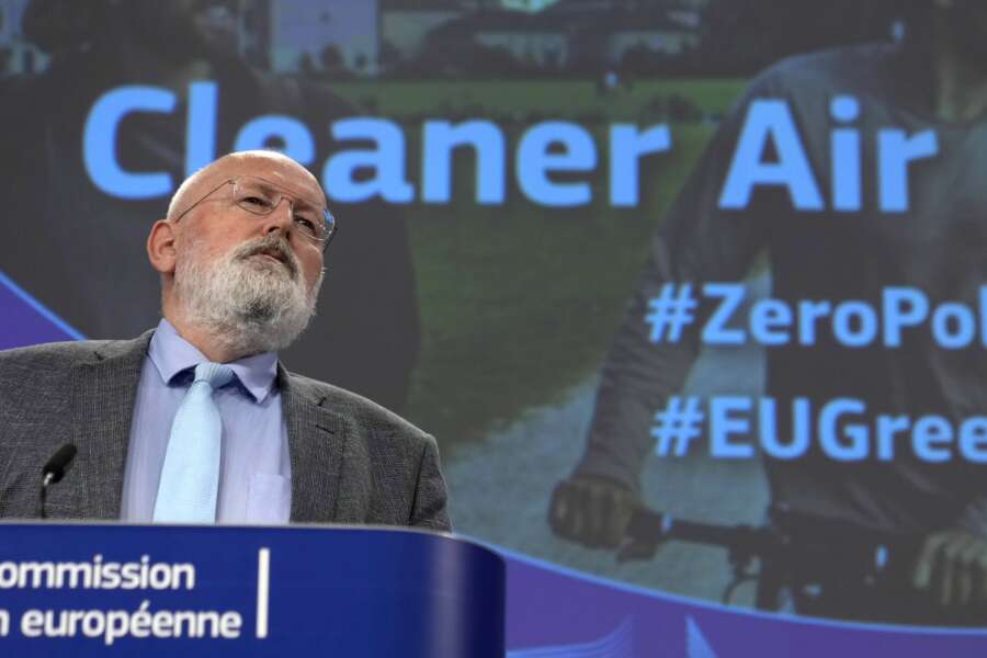 FILE – European Commissioner for European Green Deal Frans Timmermans speaks during a media conference at EU headquarters in Brussels, Oct. 26, 2022. The growing opposition to the nature restoration law has caused great concern among environmental NGOs, Timmermans, the EU Commission’s top climate official in charge of its Green Deal, warned he would not put forward an alternative proposal because there isn’t time. (AP Photo/Virginia Mayo, File)