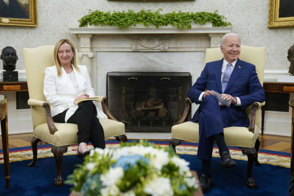 President Joe Biden meets with Italian Prime Minister Giorgia Meloni in the Oval Office of the White House, Thursday, July 27, 2023, in Washington. (AP Photo/Evan Vucci)


Associated Press/LaPresse
Only Italy and Spain