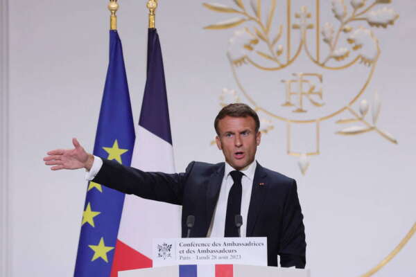 French President Emmanuel Macron gives a speech in front of French ambassadors during the conference of ambassadors at the Elysee Palace, Paris, France, August 28, 2023.   TERESA SUAREZ/Pool via REUTERS