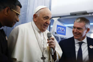 Pope Francis speaks to journalists on the papal flight to Lisbon, Wednesday, Aug. 2, 2023. Pope Francis arrived Wednesday in Lisbon to attend the international World Youth Day on Sunday that is expected to bring hundreds of thousands of young Catholic faithful to Portugal. (AP Photo/Guglielmo Mangiapane, pool)



Associated Press/LaPresse
Only Italy and Spain