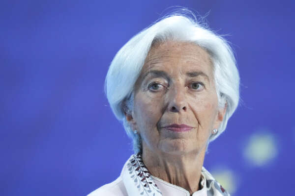 Christine Lagarde, President of the European Central Bank, arrives for a news conference following a meeting of the ECB’s governing council at the bank’s headquarters in Frankfurt, Germany, Thursday, Sept. 14, 2023. (AP Photo/Michael Probst)