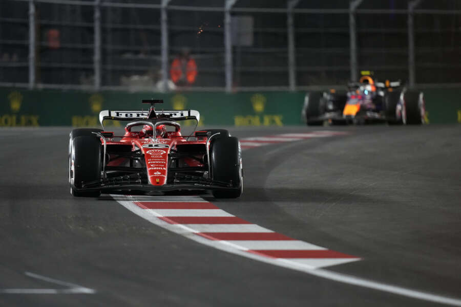 Ferrari driver Charles Leclerc, of Monaco, drives during the Formula One Las Vegas Grand Prix auto race, Saturday, Nov. 18, 2023, in Las Vegas. (AP Photo/John Locher)