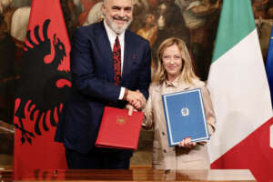 Foto Filippo Attili/Palazzo Chigi/LaPresse 06 novembre 2023 Roma, Italia – Politica – Il Presidente del Consiglio Giorgia Meloni incontra il Primo Ministro della Repubblica d’Albania Edi Rama a Palazzo Chigi per la firma del protocollo d’intesa sui centri di gestione migrantiDISTRIBUTION FREE OF CHARGE – NOT FOR SALE – Obbligatorio citare la fonte LaPresse/Palazzo Chigi/Filippo Attili