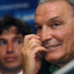 18 JUL 2006, ROME, PARCO DEI PRINCIPI HOTEL: PRESS CONFERENCE OF THE NEW TRAINER OF THE ITALY SOCCER TEAM, ROBERTO DONADONI. IN THE PICTURE THE ITALY SOCCER TEAM MANAGER, GIGI RIVA AND THE FIGC SUBCOMMISSARY DEMETRIO ALBERTINI. © PIERGIORGIO PIRRONE / TEAM / Lapresse *** Local Caption *** 00251939