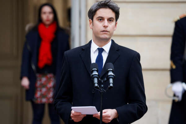 Gabriel Attal delivers his speech after the handover ceremony, Tuesday, Jan. 9, 2024 in Paris. Gabriel Attal was named as France’s youngest-ever prime minister, as President Emmanuel Macron seeks a fresh start for the rest of his term amid growing political pressure from the far right. (Ludovic Marin, Pool via AP)