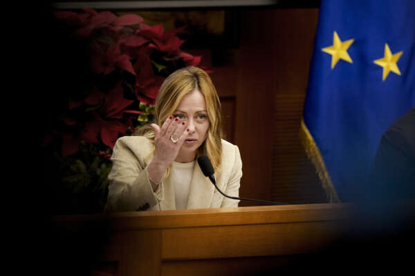 Italian Premier Giorgia Meloni answers journalists’ questions during her year end press conference, in Rome, Thursday, Jan. 4, 2024. (AP Photo/Andrew Medichini)


Associated Press/LaPresse
Only Italy and Spain