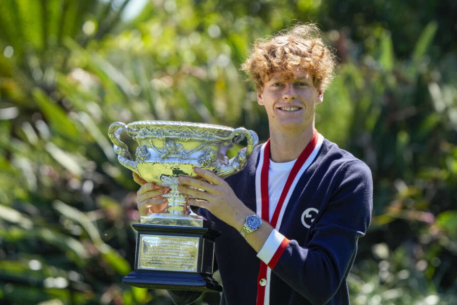 Jannik Sinner of Italy poses with the Norman Brookes Challenge Cup at a photo shoot the morning after defeating Daniil Medvedev of Russia in the men’s singles final at the Australian Open tennis championships in Melbourne, Australia, Monday, Jan. 29, 2024. (AP Photo/Mark Baker)

Associated Press/LaPresse
Only Italy and Spain