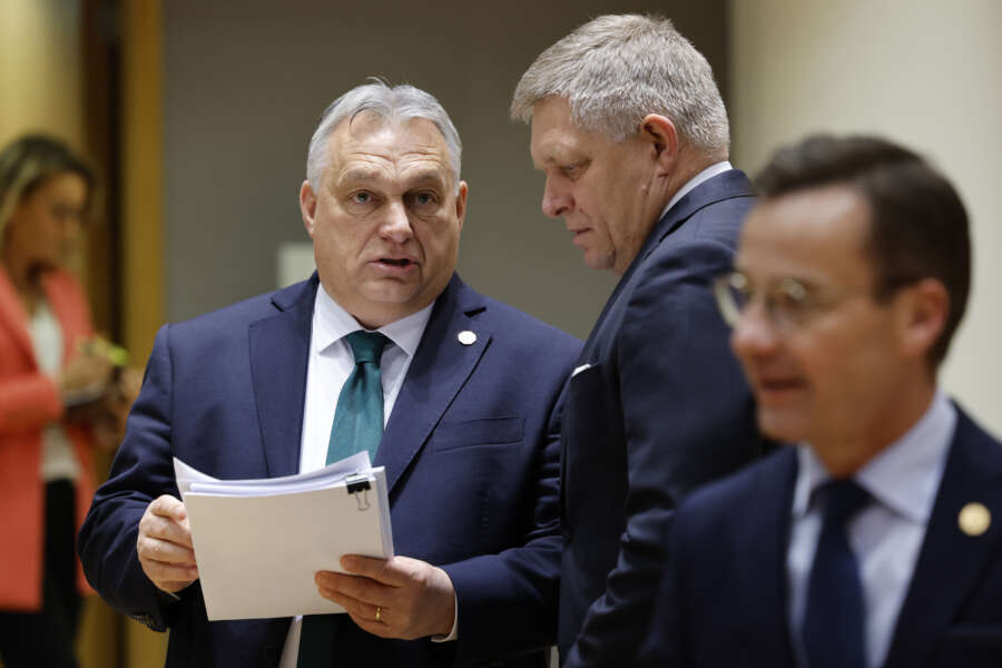 Slovakia’s Prime Minister Robert Fico, right, talks to Hungary’s Prime Minister Viktor Orban during a round table meeting at an EU summit in Brussels, Thursday, Feb. 1, 2024. European Union leaders meet in Brussels for a one day summit to discuss the revision of the Multiannual Financial Framework 2021-2027, including support for Ukraine. (AP Photo/Geert Vanden Wijngaert) 



Associated Press / LaPresse
Only italy and Spain