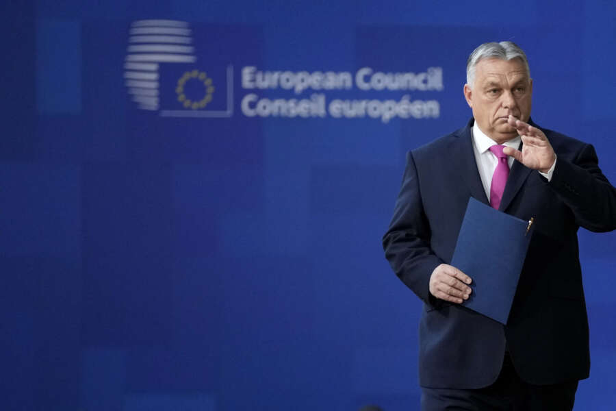 Hungary’s Prime Minister Viktor Orban arrives for an EU summit at the European Council building in Brussels, Thursday, Dec. 14, 2023. European Union leaders, in a two-day summit will discuss the latest developments in Russia’s war of aggression against Ukraine and continued EU support for Ukraine and its people. (AP Photo/Virginia Mayo)