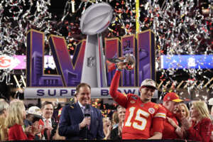 Kansas City Chiefs quarterback Patrick Mahomes (15) celebrates after the NFL Super Bowl 58 football game against the San Francisco 49ers, Sunday, Feb. 11, 2024, in Las Vegas. The Kansas City Chiefs won 25-22 against the San Francisco 49ers. (AP Photo/John Locher)

Associated Press/LaPresse
Only Italy and Spain