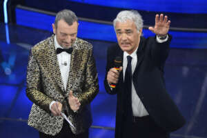 Amadeus and Massimo Giletti during the 74th edition of the SANREMO Italian Song Festival at the Ariston Theatre in Sanremo, northern Italy – Thursday, FEBRUARY 8, 2024. Entertainment. (Photo by Marco Alpozzi/LaPresse)