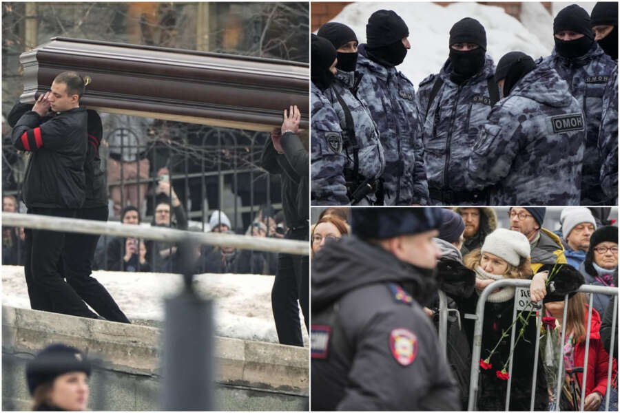 Funerali “lampo” di Navalny, fiori rossi e abbracci alla madre: “Russia libera, niente guerra”, ambasciatori Ue in chiesa