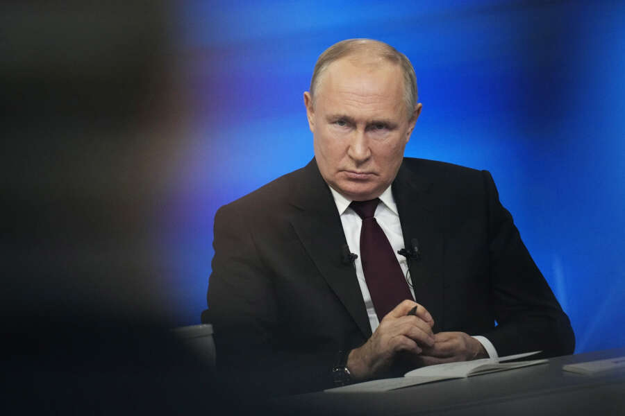 FILE – Russian President Vladimir Putin attends his annual news conference in Moscow, Russia, Thursday, Dec. 14, 2023. Russian President Vladimir Putin has been interviewed by former Fox News host Tucker Carlson, the Kremlin confirmed Wednesday. It is Putin’s first interview to a Western journalist since the beginning of his full-scale invasion of Ukraine two years ago. (AP Photo/Alexander Zemlianichenko, Pool, File)