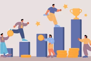Business people climbing up financial graph stairs with golden cup on top. Way to success, challenge and leadership concept. Career ladder, characters teamwork cooperation Line art vector illustration