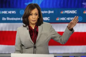 FILE – Democratic presidential candidate Sen. Kamala Harris, D-Calif., speaks during a Democratic presidential primary debate, Nov. 20, 2019, in Atlanta. Harris’ first presidential run showed potential on the debate stage. But it also involved a struggle to find a core message. Democrats say that was as much about the difficult scramble in a big primary field. In 2024, they argue, she would be able leverage the best of her 2020 effort in a matchup against one man: former President Donald Trump. (AP Photo/John Bazemore)