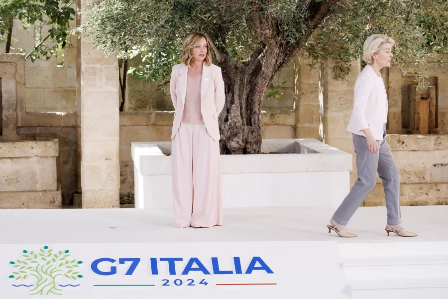 La Presidente del Consiglio Giorgia Meloni e la presidente della Commissione europea Ursula von der Leyen durante la riunione dei Capi di Stato e di Governo dei Paesi G7 a Borgo Egnazia, Giovedì, 13 Giugno 2024 (Foto Roberto Monaldo / LaPresse)

Prime Minister Giorgia Meloni and the President of the European Commission Ursula von der Leyen during the meeting of the Heads of State and Government of the G7 countries in Borgo Egnazia, Thursday, 13 June 2024 (Photo by Roberto Monaldo / LaPresse)