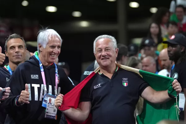 CONI president Giovanni Malagò and Italy’s head coach Julio Velasco celebrates during Women’s Volleyball Final match between Italy and United States at the 2024 Summer Olympics, Sunday, August 11, 2024 in Paris, France. (Photo by Spada/LaPresse)