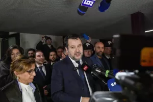 Italy’s vice Premier Matteo Salvini, flanked by his lawyer Giulia Bongiorno, left, speaks to journalists as he leaves a Palermo’s law court in Sicily, Italy, Friday, Dec. 20, 2024, after he was acquitted in a first instance trial where he was accused of blocking for 19 days the disembarkation of 147 people, including minors, rescued at sea by the NGO Open Arms in August 2019.(AP Photo/Salvatore Cavalli)